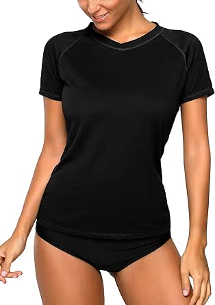 ATTRACO Women's UPF 50  Short Sleeved Active Rashguard Solid Workout Top Sports Swim Tee