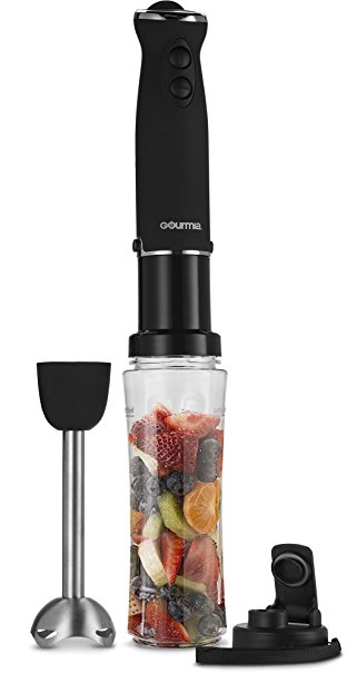 Gourmia GBJ190 Handheld Immersion Blender & Personal Smoothie Maker - Six Speed - Make Fruit Drinks & Shakes Directly In The Bottle (included) with Lid