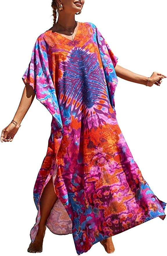 Bsubseach Plus Size Bathing Suit Cover Up Colorful Caftan Dress for Women Long Bikini Coverup