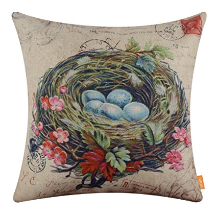 LINKWELL 18x18 inches Vintage Bird Nest Burlap Throw Pillow Cover Cushion Cover (CC1360)