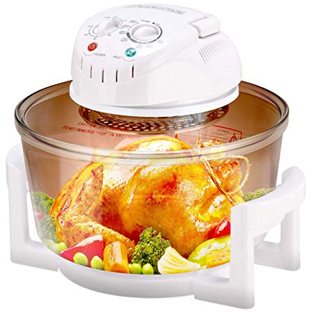 COSTWAY Infrared Halogen Convection Oven with Stainless Steel Extender Ring, 12.68-18 Quart, 1300W, Cooker Glass Bowl Healthy Low Fat Cooking, White