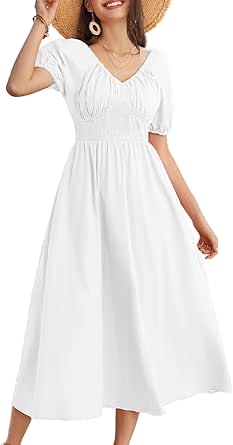 GRACE KARIN 2024 Women's Summer V Neck Smocked Cotton Dresses Short Puff Sleeve Flowy A Line Maxi Dress with Pockets