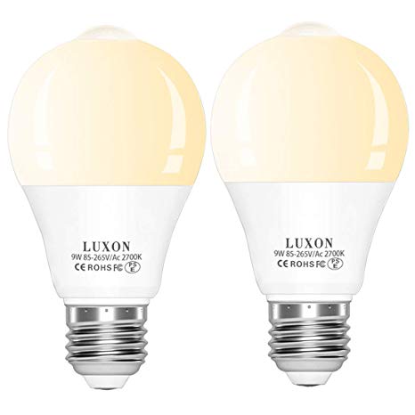 Motion Sensor Light Bulb Dusk to Dawn Built-in PIR Motion Detector Bulbs 9W 2700K Warm White Auto On/Off E26 Base for Stair Porch Garage 2-Pack by LUXON