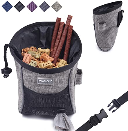 VIVAGLORY Sports Style Dog Treat Bag, Enlarged Opening Treat Pouch with Adjustable Waistband, Belt Clip, Pick-up Bag Dispenser, Large Enough to Carry Treats, Kibbles, Pet Toys, Heather Grey
