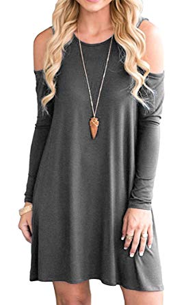 PCEAIIH Women's Cold Shoulder Tunic Top Swing T-Shirt Loose Dress with Pockets