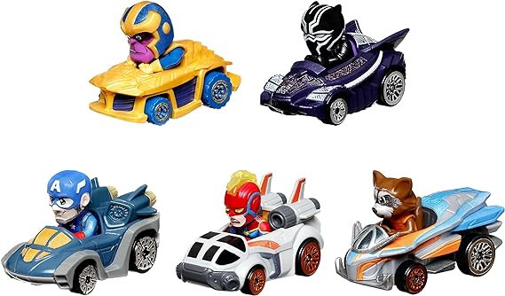 Hot Wheels RacerVerse, Set of 5 Die-Cast Marvel Toy Cars Optimized for Hot Wheels Track Performance with Popular Marvel Characters as Drivers, Gift for Kids & Collectors