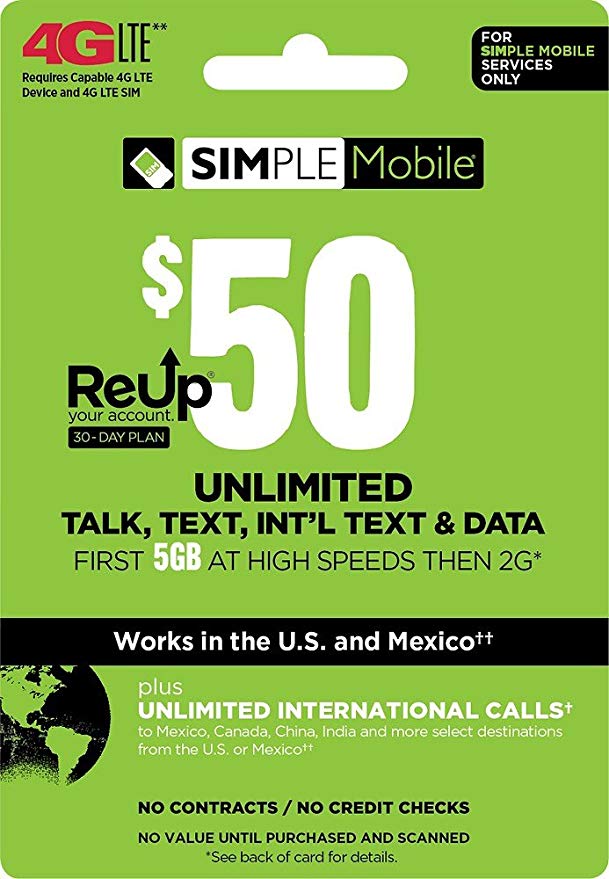 SIMPLE Mobile Refill Card - $50 ReUp Prepaid Airtime Card