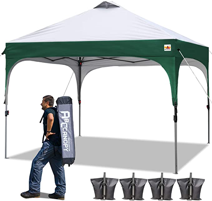 ABCCANOPY 10 x 10 Pop-Up Canopy Tent Beach Canopy Instant Shelter Tents Canopy Popup Outdoor Portable Shade with Wheeled Carry Bag Bonus Extra 4 x Weight Bags, 4 x Ropes& 4 x Stakes,Grey with Green