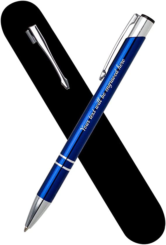 Personalised Engraved Dark Blue Metal Ballpoint Pen in a Velvet Pouch with Blue plus Black Ink Refill - Personalised Gifts For Anniversary, Christmas - Enter Your Custom Text