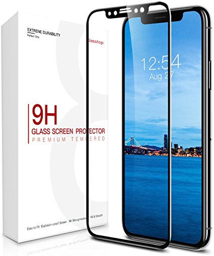 iPhone X Screen Protector, Basstop Full Coverage 3D Curve Premium Tempered Glass Screen Protector with [9H Hardness] [Crystal Clear] [Bubble-Free Installation] [Scratch Resist][ 3D Touch Compatible] for Apple iPhone X