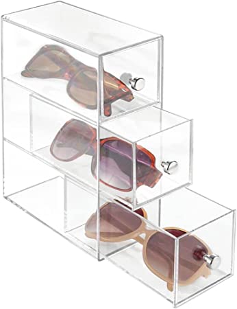 mDesign Slim Plastic Eye Glass Storage Organizer Box Bin Holder for Sunglasses, Reading Glasses, Eye Glass Cases, Accessories - Use Horizontally or Vertically - 3 Drawers, Chrome Pulls - Clear
