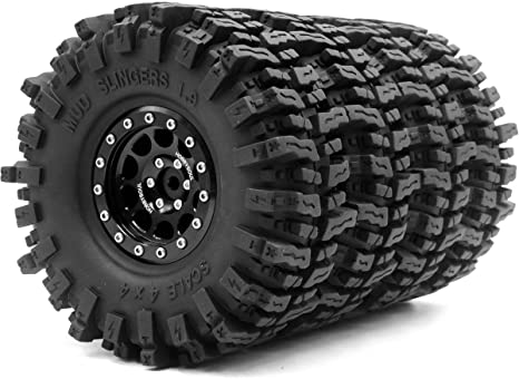 4pcs RC 1.9 Mud Slingers Tires Super Grip Tyre Height 120mm / 4.72inch & 1.9 Beadlock Wheel Rim Hex 12mm Black Color