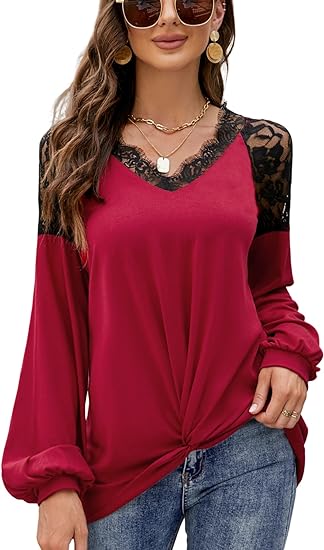 MISSKY V Neck Blouse for Women Casual Lace Trim Lantern Long Sleeve Shirts Twist Knot Loose Tunic Tops