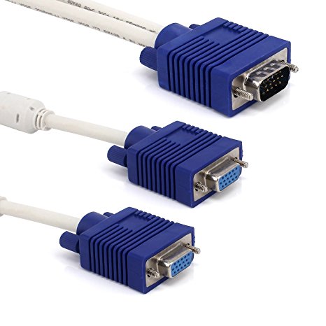 Yeworth Premium VGA 15 Pin One Male 1 to 2 Dual Female SVGA VGA Monitor Y Splitter Cable Wire Cord Blue Connectors for TV Computer Projector