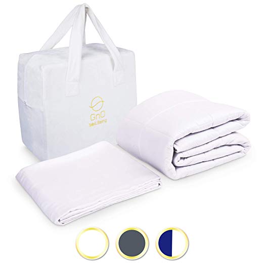 GnO Weighted Blanket Adult Queen Size 15 Lbs - 60x80 Inches - for Use in All Seasons. 400TC Organic White Cotton and Glass Beads - 300TC 100% White Bamboo Duvet Cover in Plush White Bag