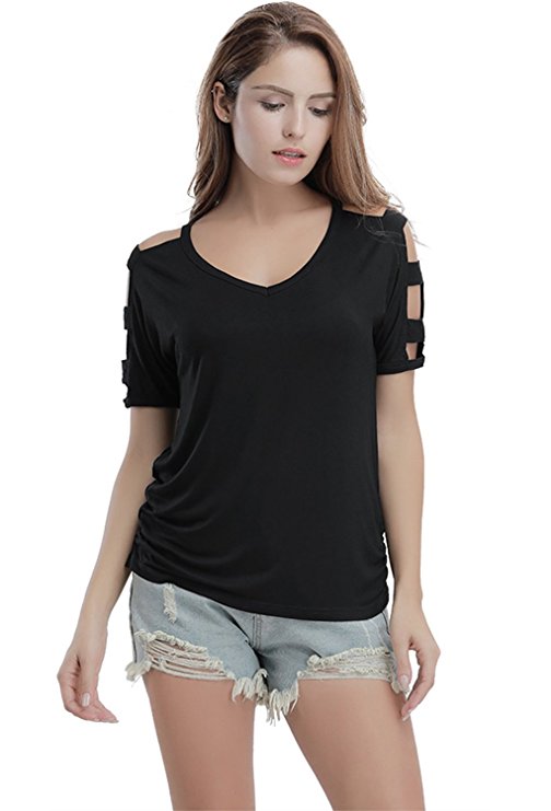 Darshion Women Sexy V Neck T Shirts Loose Cut Out Shoulder Plus Size Tops and Blouses