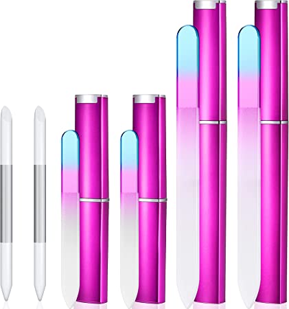 6 Pieces Glass Cuticle Pusher Nail File Set Imitated Crystal Nail Files Double Sided Glass Files with Case and Glass Cuticle Trimmer Remove Stick Manicure Tool for Nail Care (Rose Red)