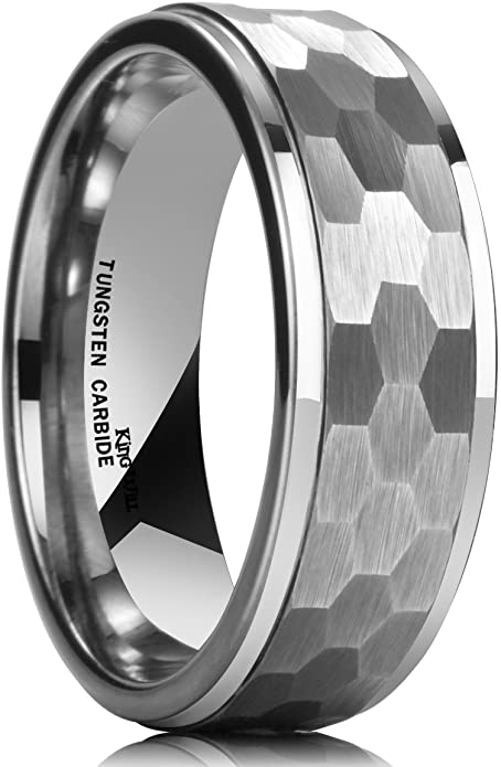 King Will Hammer 8mm Silver Tungsten Ring Hammer Comfort Fit Faceted Men Wedding Band Polished Step Edge