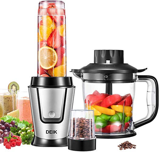 Blender Personal Smoothie Blender (BPA free), 5 in 1 Personal Kitchen Assistant with 304 Stainless Steel Blade for Blending, Grinding and Food Processing, 600ml Portable Bottle, 500W, Deik