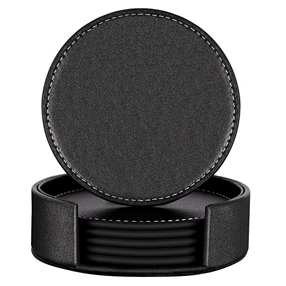 Leather Coasters, Thipoten Set of 6 PU Coaster set with Holder, Protect Furniture from Water Marks Scratch and Damage(6Pcs, Black)