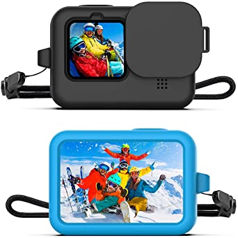 Kupton Silicone Sleeve Case for GoPro HERO9 Black, 2 × Silicone Rubber Case Protective Cover   2 × Silicone Lens Cap Cover with Lanyard for GoPro Hero 9 Black（Black Blue）