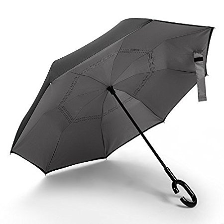 Tooge Inverted Rain Windproof Umbrella with Creative Reverse Design for Women and Men Car Driver - Double Layer and Self-Standing UV Travel Umbrella(grey)