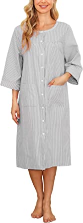 House Coat Women Duster Housedress 3/4 Sleeve Muu Muu Snap Robes Cotton Nightgown Pockets