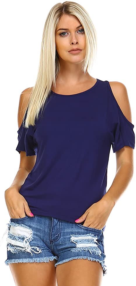 Isaac Liev Women's Cutout Top - Casual Stylish Open Cold Shoulder Tunic Tee T Shirt Made in USA
