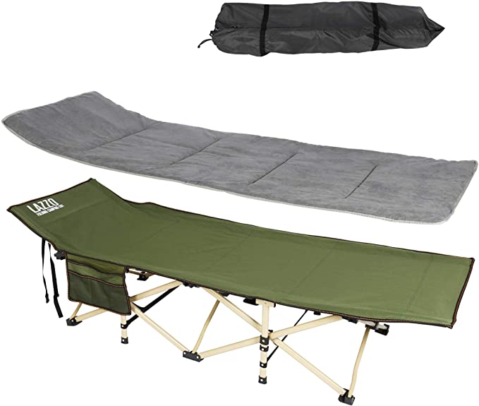 LAZZO 74.8"x28" Folding Camping Cot, Side Pocket Portable Camp Cot, Stable Lounger Bed with Carry Bag for Home Office, Yard, Balcony, Patio, Garden, Beach Load 220lbs