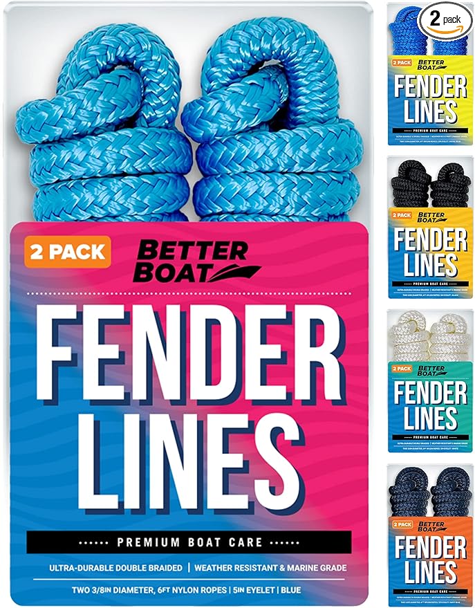 Boat Fender Lines for Boat Bumper Fender Boat Lines Hangers Bag Buoy Marine Rope for Boats or Dock Line Jet Ski Mooring or Small Boating Docking Double Braided Nylon 6 Feet 3/8 inch with Loop 2 Pack