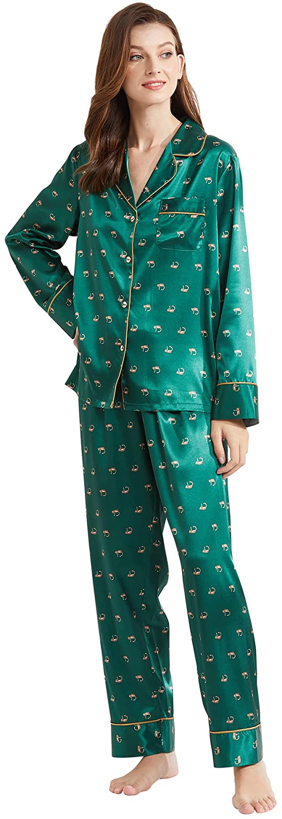 Belle Heure Women’s Silk Satin Classic Long Sleeve Pajamas Button Down Silky Floral Animals Pattern Set Loungewear Sleepwear