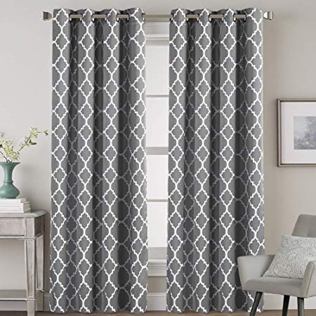 Blackout Bedroom Curtain Thermal Insulated Energy Efficient Home Decoration Geometric Rustic Style Printed Design Curtains for Living Room Moroccan Printed in Grey, 2 Panels, 52 by 84 Inch