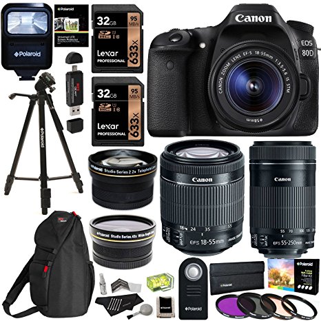 Canon EOS 80D Digital SLR Kit with EF-S 18-55mm f/3.5-5.6 Image Stabilization STM & Canon EF-S 55-250mm Lens   Polaroid .43x Super Wide Angle & 2.2X HD Telephoto Lens   Memory Cards   Accessory Bundle