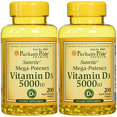 Puritan's Pride Vitamin D3 5000 IU, 200 Softgels (2 Pack)