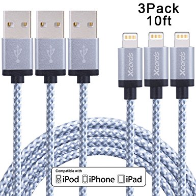 Xcords(TM) 3Pack 10ft Nylon Braided iPhone Lightning to USB Syncing and Charging Cable Data Cord for iPhone 7/7 Plus/ 6/ 6 Plus/ 6s/ 6s Plus /5/5s/5c/SE iPad/iPod and more(White)