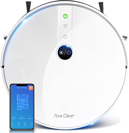 Pure Clean Alexa Smart Robot Vacuum Cleaner - Gyroscope S Path - Self Charging Automatic Cleaning Robotic Sweeper Wireless Control via WiFi Google Assistant, Works w/ Carpet Hardwood Floor -PUCRC455