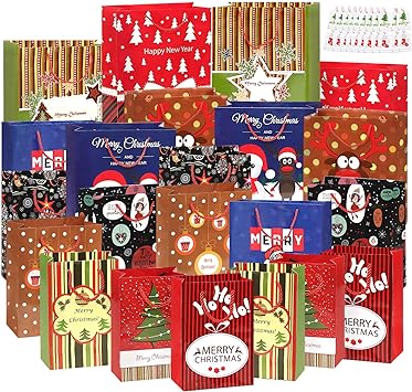 BEISHIDA 24Pcs Christmas Gift Bags Assorted Sizes with Handles and Tags, Christmas Bags Bulk 6 Extra Large 16’’, 6 Large 13’’, 6 Medium 9’’, 6 Small 7’’, Xmas Holiday Gift Bags Reusable Party Supplies