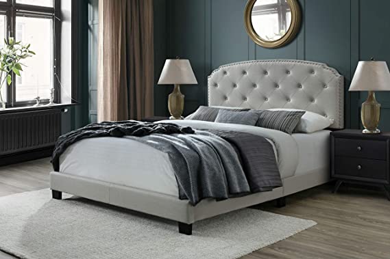 DG Casa Wembley Tufted Upholstered Panel Bed Frame with Nailhead Trim Headboard, King Size in Beige Linen Style Fabric
