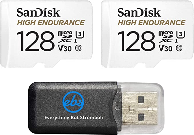 SanDisk High Endurance 128GB MicroSDXC Memory Card (2 Pack) for Dash Cams & Home Security System Video Cameras (SDSQQNR-128G-AN6IA) Class 10 Bundle with 1 Everything But Stromboli MicroSD Card Reader