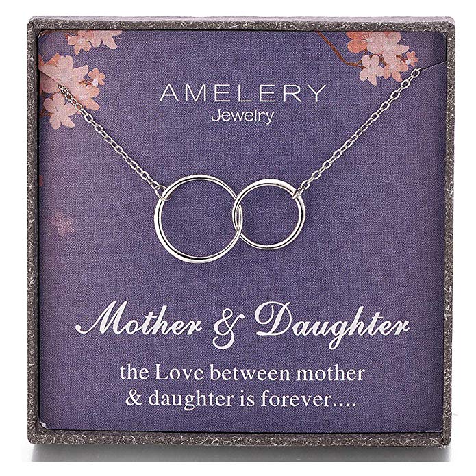 Amelery Gifts for Mother Daughter Necklace Sterling Silver Two Interlocking Infinity 2 Circles Pendants, Mothers Day Jewelry Birthday Gift