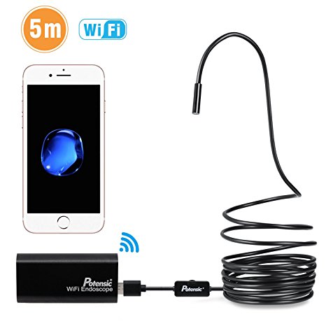 Wireless Endoscope, Potensic® Upgraded Wi-Fi Inspection Camera Waterproof Borescope 2MP CMOS Snake Camera for iPhone, Samsung, Andorid Smartphone, Tablet, PC - Black(5M)