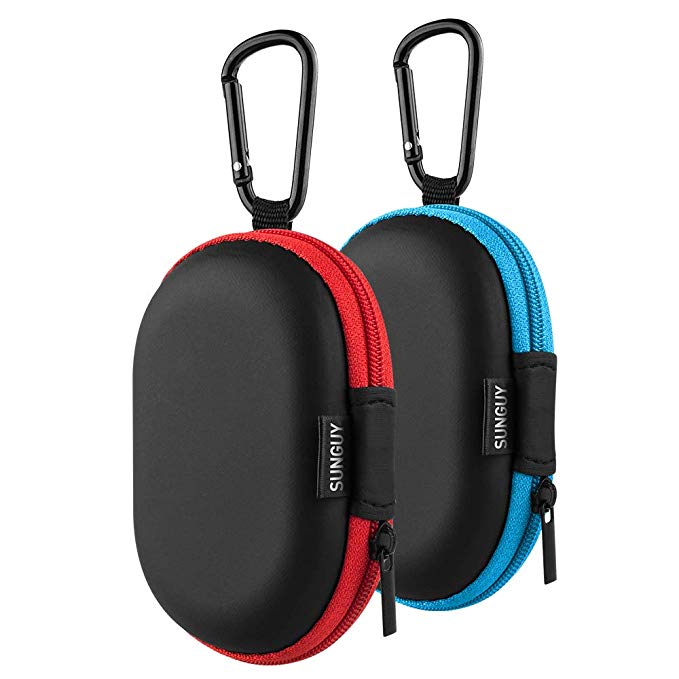 Earbuds Case,SUNGUY [2-Pack] Small Mini Oval Portable Carrying Earbuds Pouch Case with Carabiners for In-ear Headphone Earphone Headset USB Cable Flash Drive SD Card (Blue,Red)