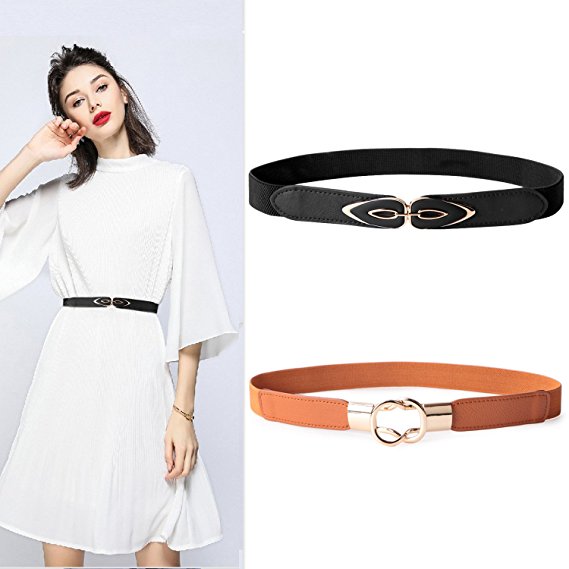 2 Pack Women Skinny Waist Cinch Belt Retro Elastic Stretchy Metal Buckle Belts For Dress By JASGOOD