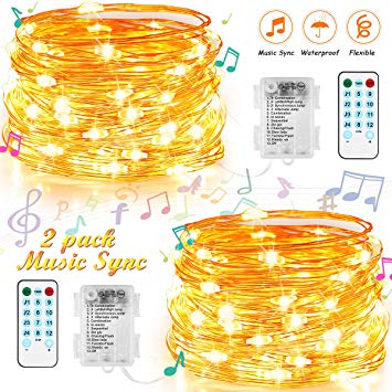 GDEALER Fairy Lights Sound Activated Music String Lights Battery Operated 20 FT 60 LEDs 12 Lighting Modes Waterproof Twinkle Lights with Remote Firefly Lights for Party Christmas Wedding (2 Pack)