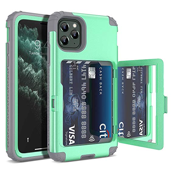 WeLoveCase iPhone 11 Pro Wallet Case Defender Wallet Card Holder Cover with Hidden Mirror Three Layer Shockproof Heavy Duty Protection All-Round Armor Protective Case for Apple iPhone 11 Pro Mint