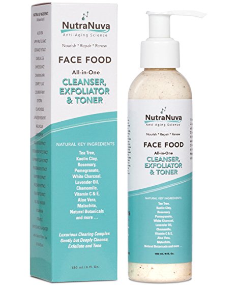 NutraNuva Face Food – Cleanser, Exfoliator & Toner All-in-One – Clear Skin Natural Facial Wash, Tea Tree & Clay for Gentle Clean Anti Aging, Not Drying / Oily, Restore pH, Fight Puffiness & Acne