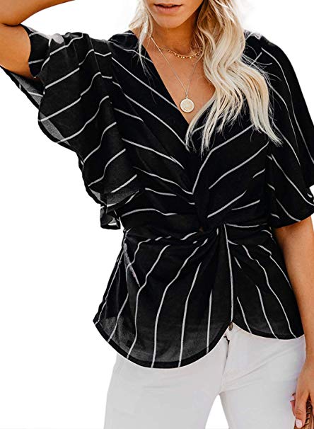 FARYSAYS Women's Floral Print Short Sleeve V Neck Ruched Twist Tops Loose Casual Blouse Shirts