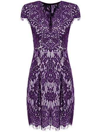 Romwe Women's Gorgeous V Neck A Line Sexy Short Cap Sleeve Lace Dress