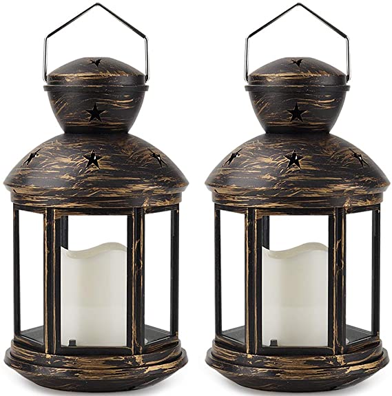 Bright Zeal 2-Pack Bronze Hexagon Decorative Lantern with LED Candle - LED Lanterns Battery Operated Decorative - Hanging Candle Lanterns Indoor - Outdoor Lanterns Decorative Vintage Lantern
