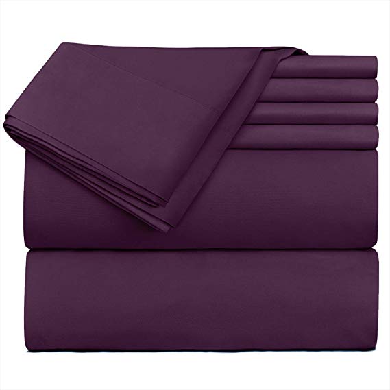 Nestl Bedding Extra Deep Pocket Sheets - Super Deep Fitted Sheet 18”-24” - Deep Pocket 6 Piece Bed Sheet Set, Luxury Double Brushed Microfiber Sheets with 4 Pillow Cases, Deep Queen Sheets - Eggplant